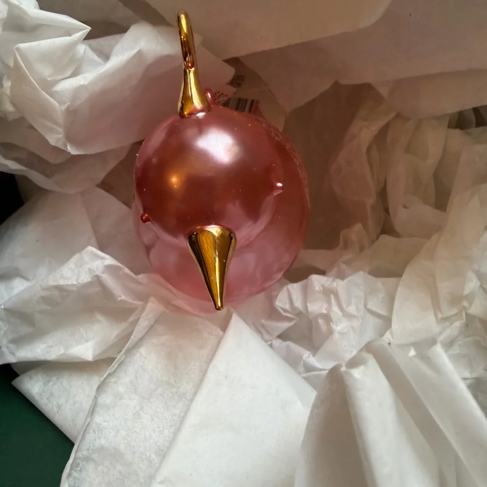 Pink Bird Blown Glass glitter Feather Hanging Ornament 6”